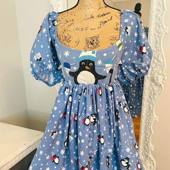 SALE New York Couture Handmade Penguins Cottagecore Puff Sleeve Dress - Picture 3 of 6